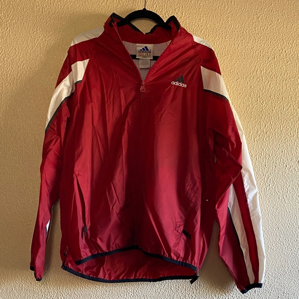 Adidas Men's Red and White Windbreaker Jacket